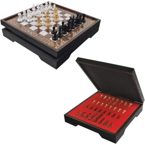 Small Size VIP Wooden Unscratchable Chess Set with Wooden Chess Board Which Has Place for Chess Pieces Inside and Chess Pieces for Adults and Kids, Family, Friends, Game Nights