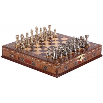 Classic Chess Set Handmade Pieces and Natural Solid Wooden Chess Board with Pearl Design Around Board and Drawers Storage Inside (Gold-Silver)