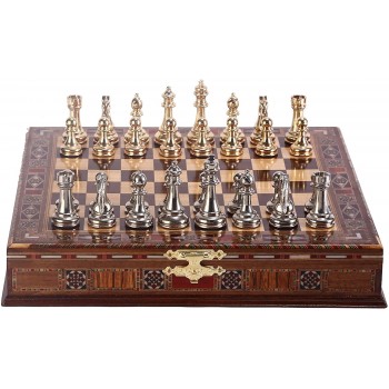 Classic Chess Set Handmade Pieces and Natural Solid Wooden Chess Board with Pearl Design Around Board and Drawers Storage Inside (Gold-Silver)