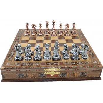 Classic Antique Copper Chess Set Handmade Pieces and Natural Solid Wooden Chess Board with Pearl Design Around Board and Storage Inside King 2.96 inc
