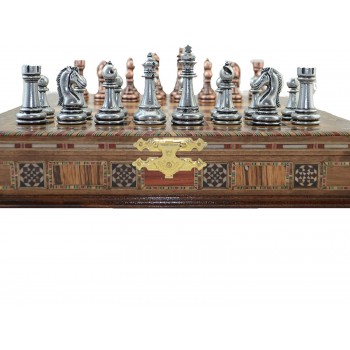 Classic Antique Copper Chess Set Handmade Pieces and Natural Solid Wooden Chess Board with Pearl Design Around Board and Storage Inside King 2.96 inc