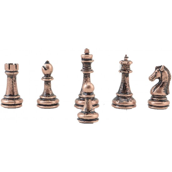 Classic Antique Copper Chess Set Handmade Pieces and Natural Solid Wooden Chess Board with Pearl Design Around Board and Storage Inside King 2.96 inc