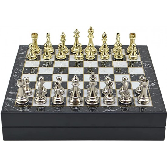 Antique Copper Classic Metal Chess Set for Adults,Handmade Pieces and Different Design Wooden Chess Board with Storage (Silver - Gold)