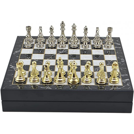 Antique Copper Classic Metal Chess Set for Adults,Handmade Pieces and Different Design Wooden Chess Board with Storage (Silver - Gold)