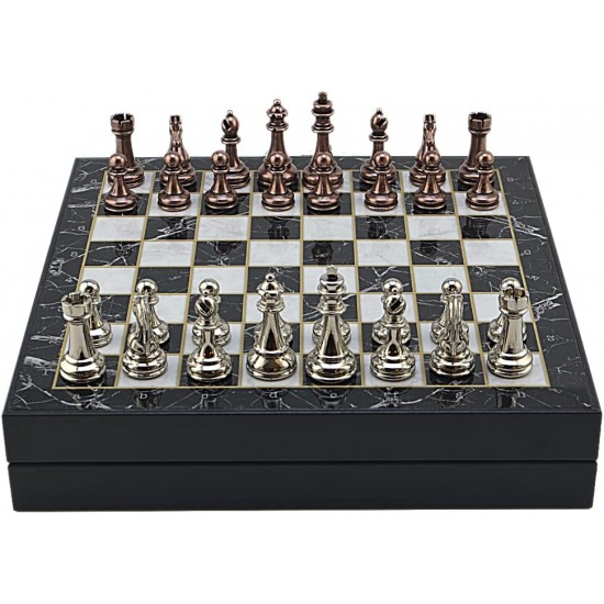 Antique Copper Classic Metal Chess Set for Adults,Handmade Pieces and Different Design Wooden Chess Board with Storage