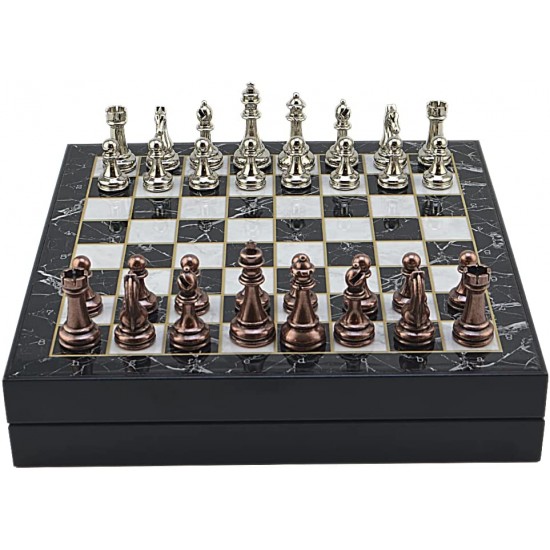 Antique Copper Classic Metal Chess Set for Adults,Handmade Pieces and Different Design Wooden Chess Board with Storage