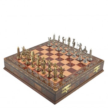 Metal Egyptian Chess Set Antique and Handmade Solid Wood Chested Chess Board