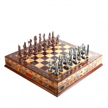 Metal Egyptian Chess Set Antique and Handmade Solid Wood Chested Chess Board
