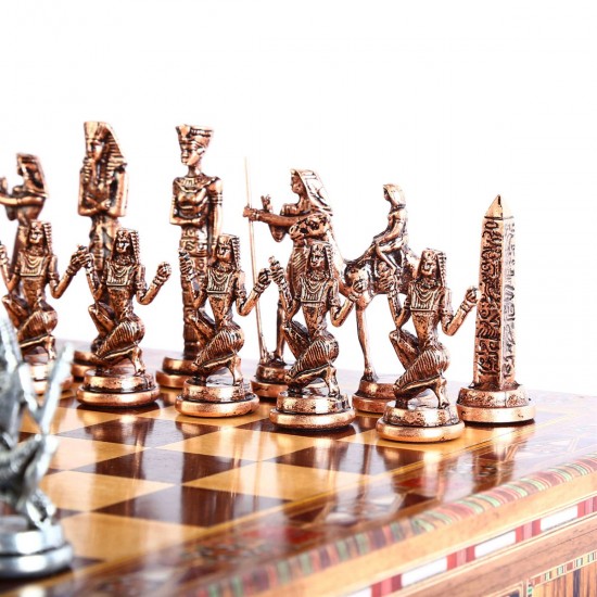 Metal Egyptian Chess Set Antique and Handmade Solid Wood Chested Chess Board