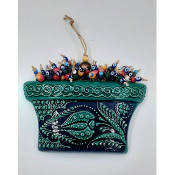 Ceramic Turquoise Tile Patterned Evil Eye Beaded Flower Pot Wall Ornament