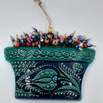 Ceramic Turquoise Tile Patterned Evil Eye Beaded Flower Pot Wall Ornament