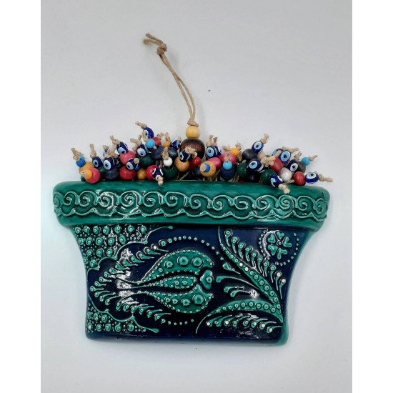 Ceramic Turquoise Tile Patterned Evil Eye Beaded Flower Pot Wall Ornament