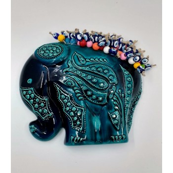 Ceramic Turquoise Tile Patterned Elephant Wall Ornament with Evil Eye Beads
