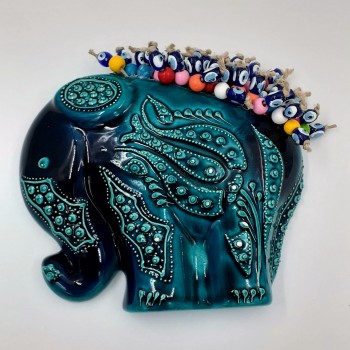 Ceramic Turquoise Tile Patterned Elephant Wall Ornament with Evil Eye Beads